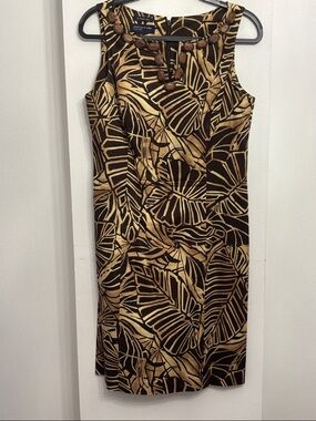 Jones New York Tropical Brown Gold Palm Leaf-Print Sheath Dress Size 12 Stretch